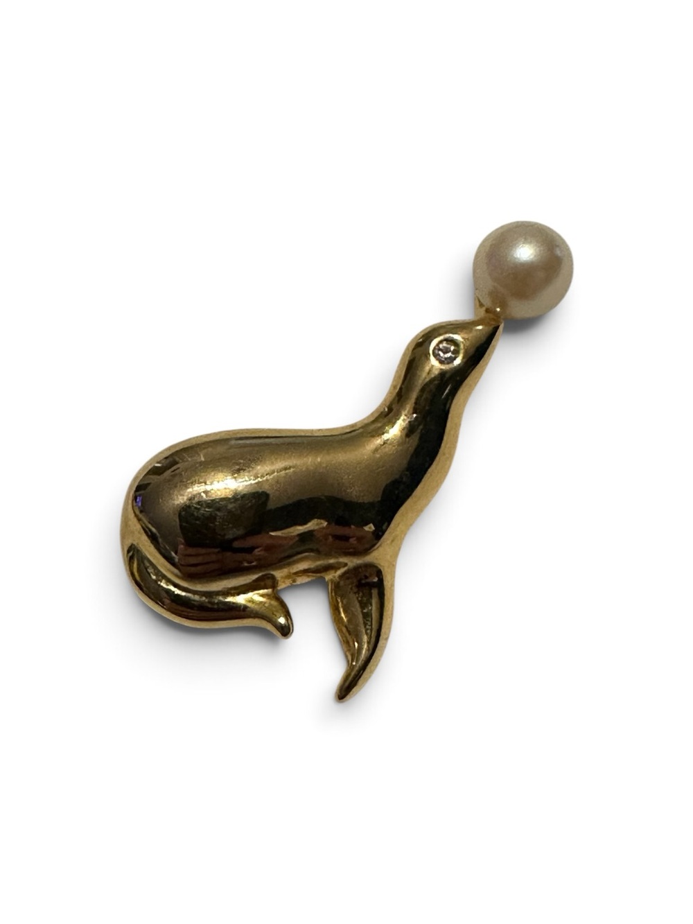 Vintage Gold Tone Seal Balancing Pearl Brooch